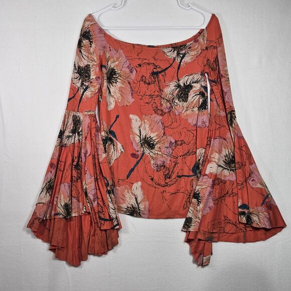 Free People Birds Of Paradise Top Small Orange Floral Flare Sleeve Resort Boho - Picture 1 of 13